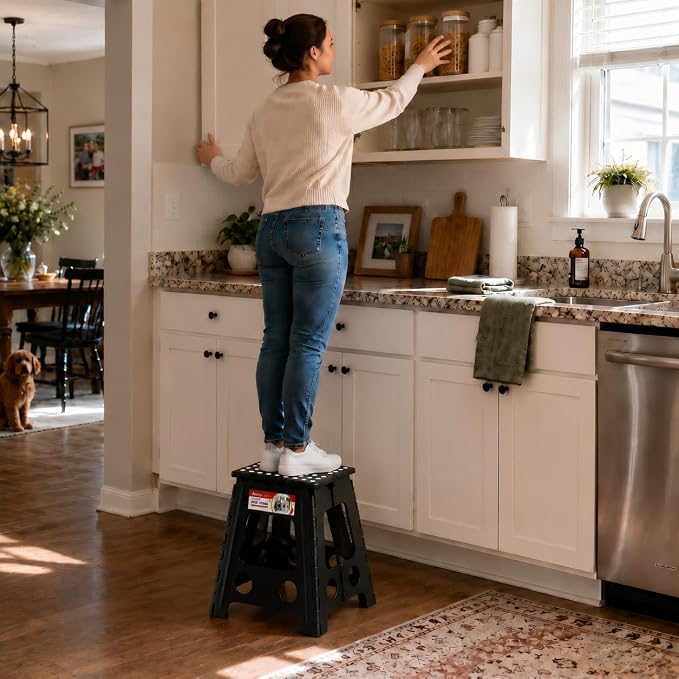 ACSTEP Folding Step Stool 16 Inch Heavy Duty Step Stool Foldable for Adults and Kids, Collapsible Stepping Stool with Handle, Non Slip Folding Stools for Kitchen Hold Up to 400lbs (Black 1PC)