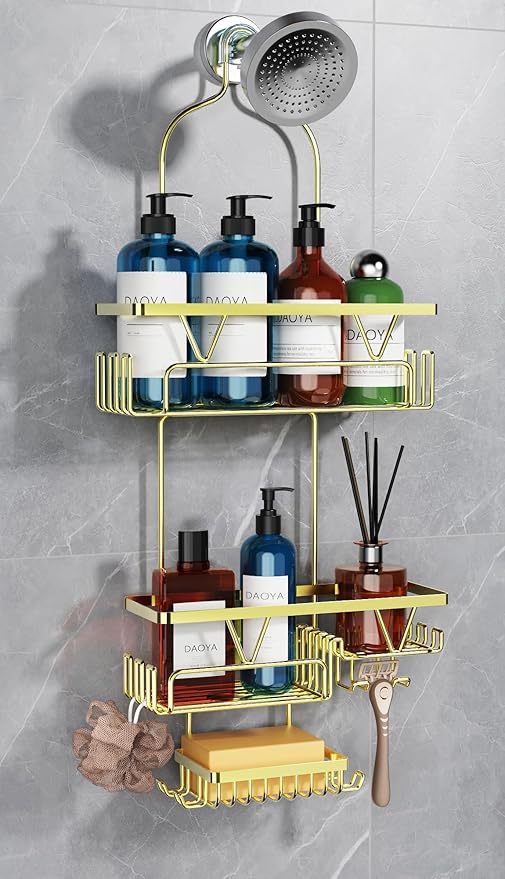 DAOYA Golden Stainless Steel Shower Caddy Hanging with 2-Tier Baskets, Soap Holder & Razor Holder - Non-Slip Rubber Pads for 0.82" Shower Heads, Enhanced Stability & Elegant V-Smile Design