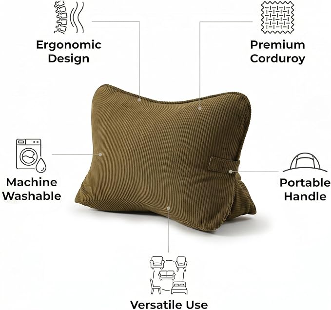 Pat. Pend. Corduroy Triangle Back Pillow with Lumbar Support, Sitting Support Cushion for Bed or Sofa, Relaxing Backrest Pillow, Martini Olive
