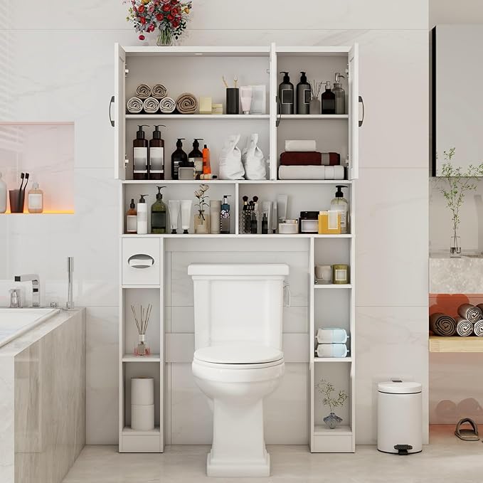 Over The Toilet Storage Cabinet, Farmhouse Toilet Cabinet Rack with 3 Barn Doors, Space Saving Bathroom Organizer with Shelves, Toilet Paper Holder and Towel Rack for Bathroom,Restroom,Laundry, White