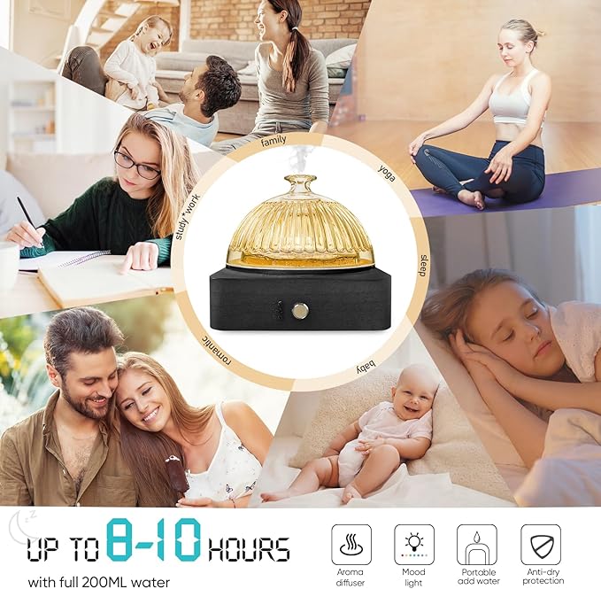 Glass Dome Essential Oil Diffuser with Glass Reservoir & Wood Base-Plastic Free, 200ml Ultrasonic Diffuser for Aromatherapy with Timer 7 Color Light Auto-Off for Home Office Yoga Dark Brown