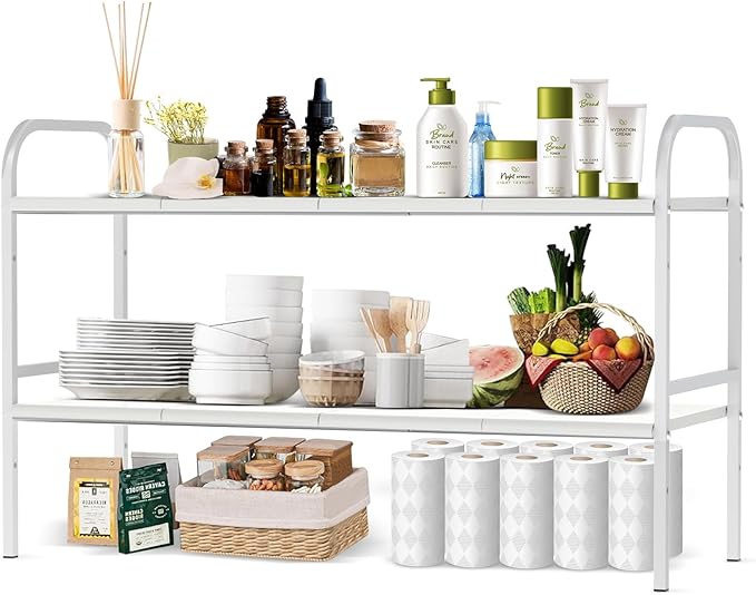 Expandable 2-Tier Under Sink Organizer, 8 Removable Plastic Boards, Tool-Free Installation (White, 2-Tier 8 Boards)