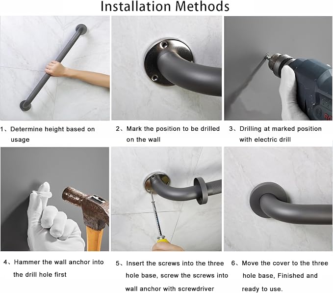 Shower Grab Bar, 2 Pack 12 Inch Gray Bathroom Grab Bar, 1.25" Diameter 304 Stainless Steel Anti-Slip Grab Bars for Bathtubs and Showers, Handicap Shower Grab Bar for Seniors Elderly