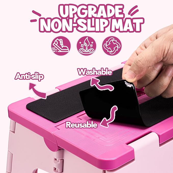 Delxo 9 Inch Folding Step Stool for Kids - Includes 3 Alphabet Letter Stickers & 2 Non-Slip Grip Pads, Sturdy Foldable Foot Stool for Toddlers, Kitchen, Bathroom & Bedroom (Pink)