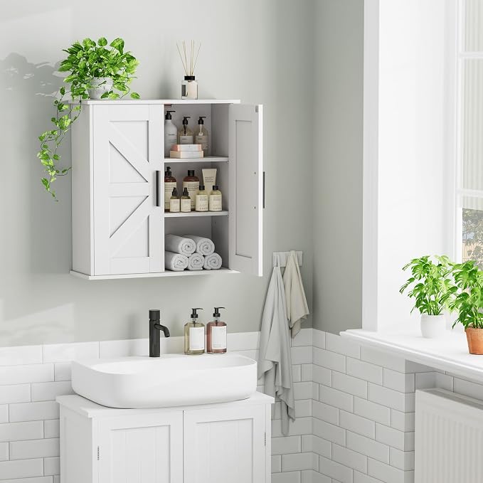 Homleke Bathroom Wall Cabinet, Over Toilet Storage Cabinet with Barn Doors and Adjustable Shelves, 3-Tier Medicine Cabinet Wall Mounted, for Bathroom, Kitchen, Entryway, Laundry Room, White, (7.9" D)