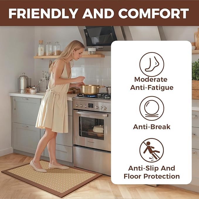 YDKGL Kitchen Runner Rugs Non Slip Washable Anti Fatigue, Super Absorbent 0.4" Thick Cushioned Long Kitchen Mats for Floor, Jute-Look Sink Floor Mat Laundry Standing Mat, Easy Clean, Brown 17"x59"