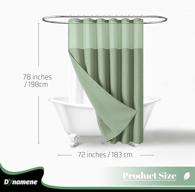 Dynamene 78 Inch Long Shower Curtain, Tall Waffle Fabric Shower Curtains for Bathroom, Hotel Waterproof Cloth Shower Curtain Liner Set with Hooks, Snap in Liner, Mesh Top Window, Sage Green, 72x78