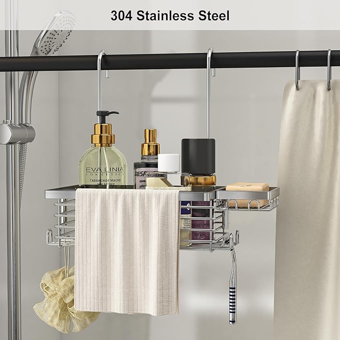 Hanging Shower Caddy, 304 Stainless Steel Shower Organizer with Towel Bar & Hooks, Over Shower Rod, Towel Bar or Glass Panel Storage Basket with Soap Holder, Rustproof Bathroom Caddy, 1 Pack