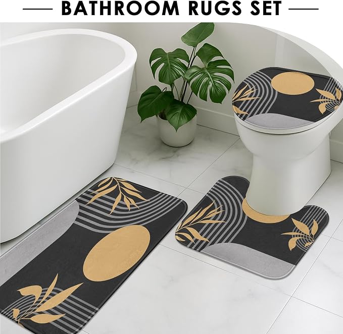 Boho Mid Century Shower Curtain Set with Toilet Lid Cover and Non-Slip Rugs, Abstract Geometric Grey Background 4 Pcs Modern Minimalist Shower Curtain for Bathroom Set with 12 Hooks