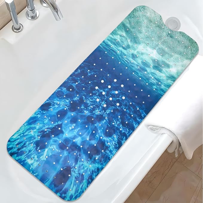 Seawater Bathtub Mat Non Slip, Ocean Waves Bath Tub Mat Baby Bath Mats for Bathroom Anti Slip Shower Mats for Inside Shower, Underwater Bathmat with Suction and Drain Holes Machine Washable, 40″x16″