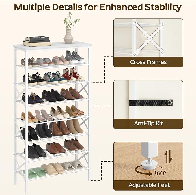 YATINEY 8 Tier Shoe Rack, Shoe Storage Organizer, Large Capacity Shoe Shelf Holds 32 Pairs of Shoes, Sturdy and Stable, for Entryway, Hallway, Closet, Dorm Room, White SS08WW