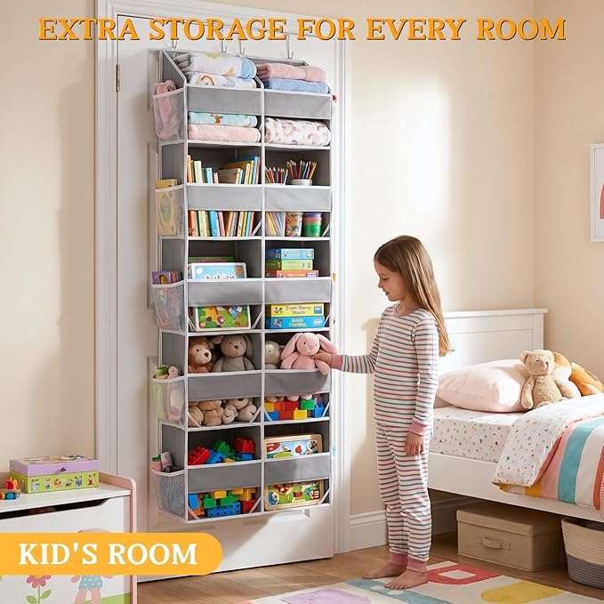 Over The Door Organizer, 5-Tier Extra Large Behind Door Storage with 10 Big Front & 10 Mesh Pockets, 80lb Capacity, Hanging Storage Organizer with Clear Window Kids Toys, Shoes, Diapers, Light Grey