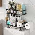 Godboat Bathroom Organizers, 2-Tier Over Toilet Storage, Floating Shelves with 2 Hooks & Paper Holder, Wall Mounted Shelf Furniture, Cool Accessories & Decor, Gifts for Women, Mothers Day (Black)