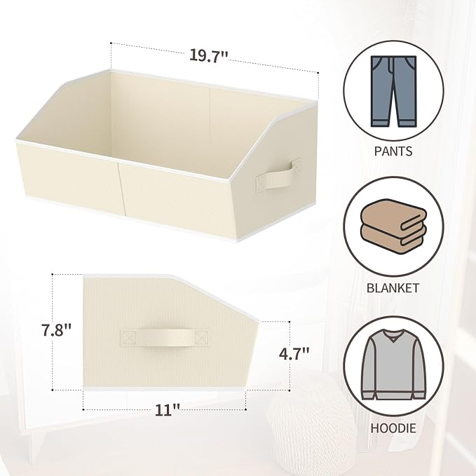 Homsorout Storage Bins for Shelves - Large Trapezoid Closet Shelf Organizer, Fabric Organization Bins with Handles, Storage Baskets for Clothes, Towel, Purse, 6 Pack, Beige