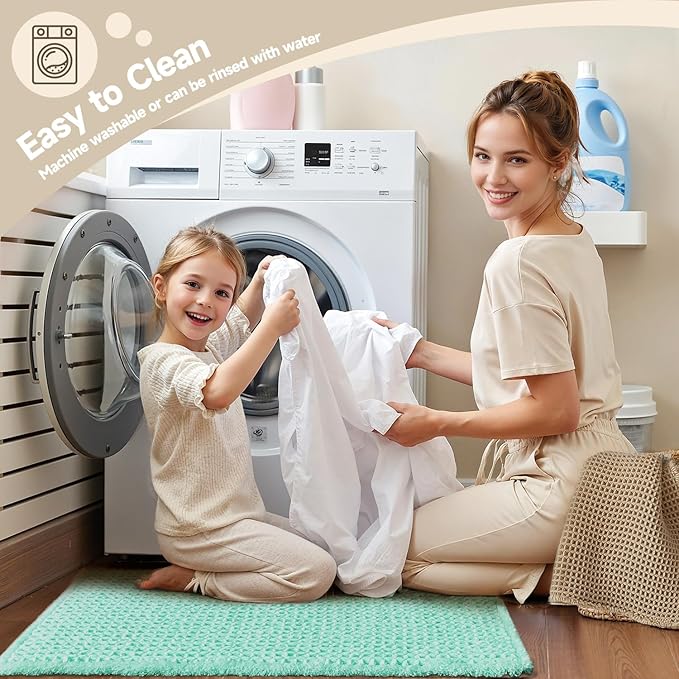 TYUU Waffle Bath Mat, Boho Bathroom Rugs Non Slip Washable Super Absorbent Quick Dry Cute Bath Mat Farmhouse Bathroom Decor, 24"x16" Aqua Blue