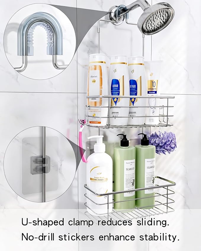 Hanging Shower Caddy, Stainless Steel, 2-Tier Bathroom Organizer Rack over Shower Head with 2 Hooks for Razor and Sponge