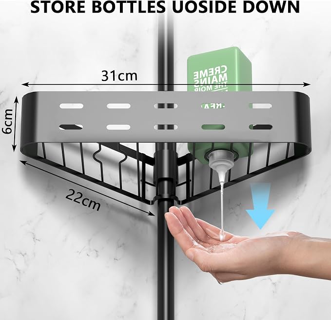 KEGII Corner Shower Caddy Tension Pole - Shower Tension Rod Organizer, Floor to Ceiling Shower Caddy 25-114.2 inch, Towel Rack Corner Waterproof, Dark Black