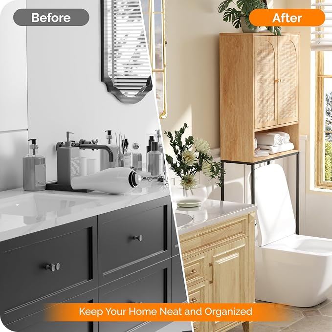 VINGLI Over The Toilet Storage Cabinet, Rattan Bathroom Organizer Behind Toilet,Above Metal Stand Rack Tall Freestanding Wood Cabinet with Wicker Doors,Adjustable Shelf for Bathroom,Restroom,Bohemian