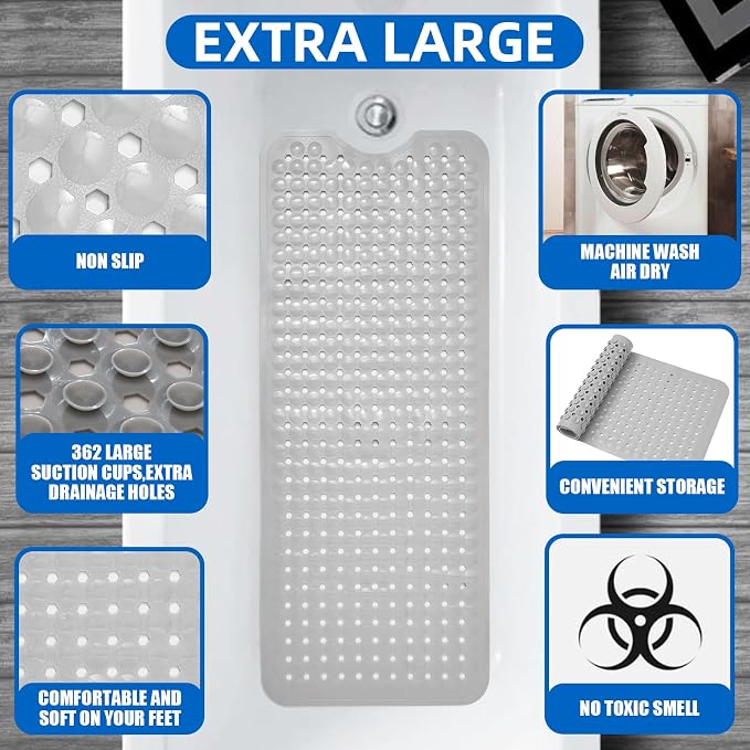 ZHICHENG Bath Tub and Shower Mats, Non-Slip 39 x 16 Inch Extra Long Bath Mat, Machine Washable Bathtub Mat with Drain Holes, Suction Cups for Bathroom (Grey)