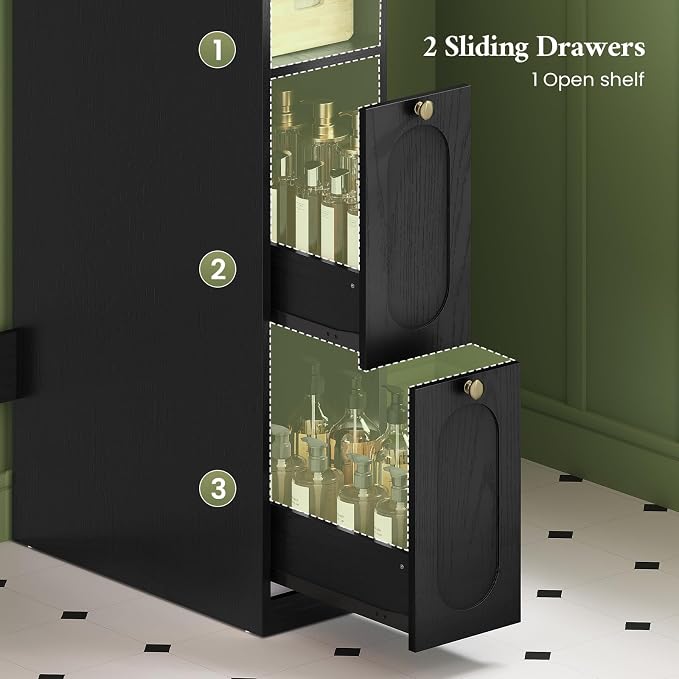 7-Tier L-Shaped Over the Toilet Storage Cabinet with Doors, 2 Large Drawers, Tissue Holder & Towel Holder, Bathroom Over Toilet Storage Cabinet with Adjustable Shelf for Bathroom, Black