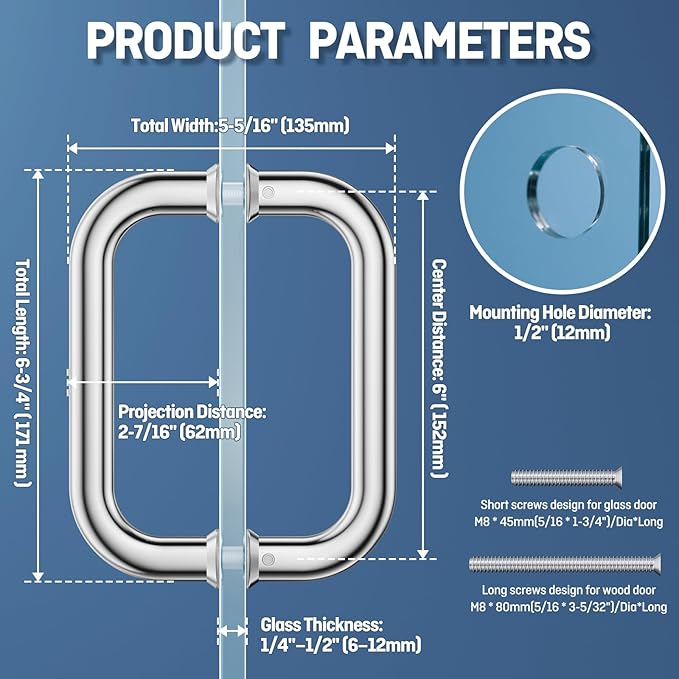 Ranbo Polished Chrome 6" （CTC） Tubular Back-to-Back Shower Door Handle，Heavy-Duty 1.0mm Thick 304 Stainless Steel, for 1/4"- 1/2" Thick Glass and 1-3/8" - 2-1/6" Thick Wooden or Metal Doors