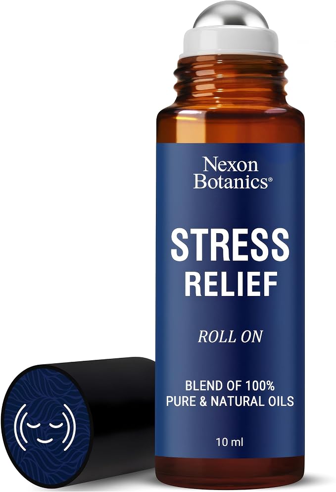 Stress Relief Essential Oil Roll-On 10 ml - Natural Stress Relief Blend with Lavender, Geranium & Frankincense Oils - Prediluted Roller for Calming Aromatherapy - Nexon Botanics