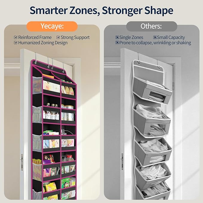 Yecaye 5-Tier Over The Door Organizer Dual-Column, 80lbs Load Over The Door Storage of 10 Compartments, Heavy Duty Door Organizer Hanging for Bedroom Closet Dorm Bathroom Pantry, Black and Pink 1 Pack