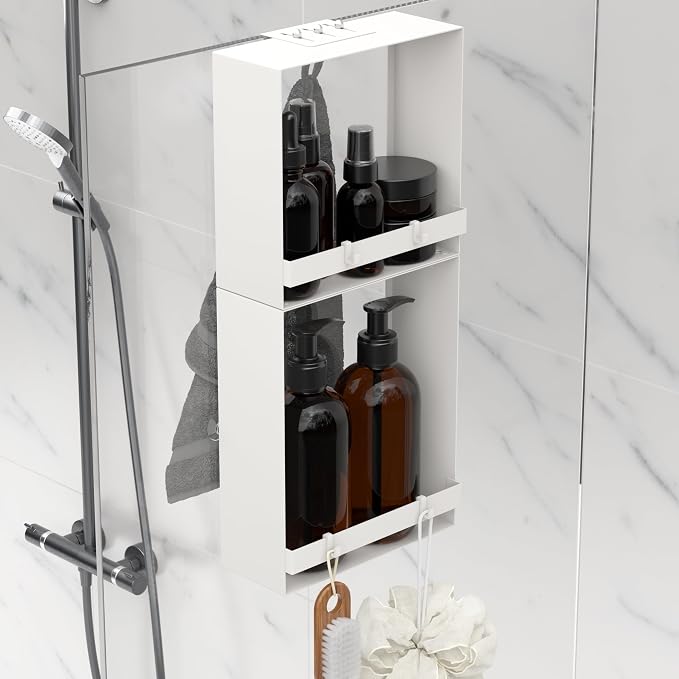 Over the Glass Shower Caddy Hanging, 2 Tier Stainless Steel Rustproof Shower Organizer Over the Door with Hooks, Bathroom Organizers and Storage Rack, Bathroom Decor Shelves - White