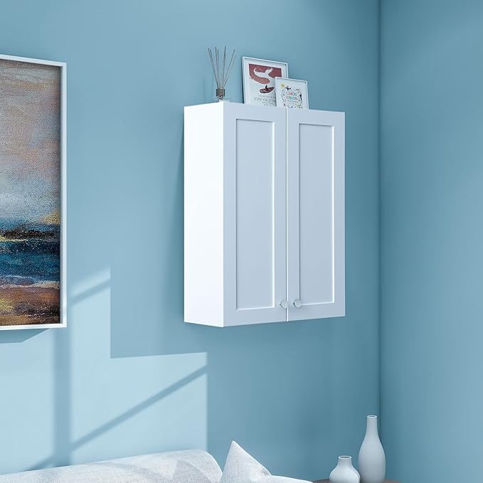 VANIRROR White Wall Mount Cabinet, MDF Over the Toilet Storage Cabinet with Adjustable Shelves, Space Saver 2 Door Medicine Cabinet for Bathroom Laundry Kitchen, 19x 27in, No Paint Odor