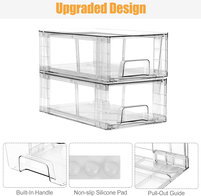 6 Pack Stackable Storage Drawers,Plastic Organizers Bins, Drawers Storage with Handles and Movable Dividers for Organization and Storage in Fridge,Bathroom, Pantry, Kitchen Cabinets, Under Sink