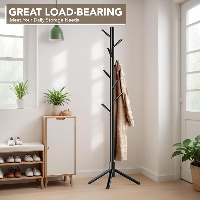 Hupmad Wooden Tree Coat Rack Stand,Sturdy Freestanding Coat Rack with 8 Hooks,3 Adjustable Height for Child Adult,Wood Coat Stand Tree Fits Entryway Bedroom Office for Bags,Hats, 2 Pack