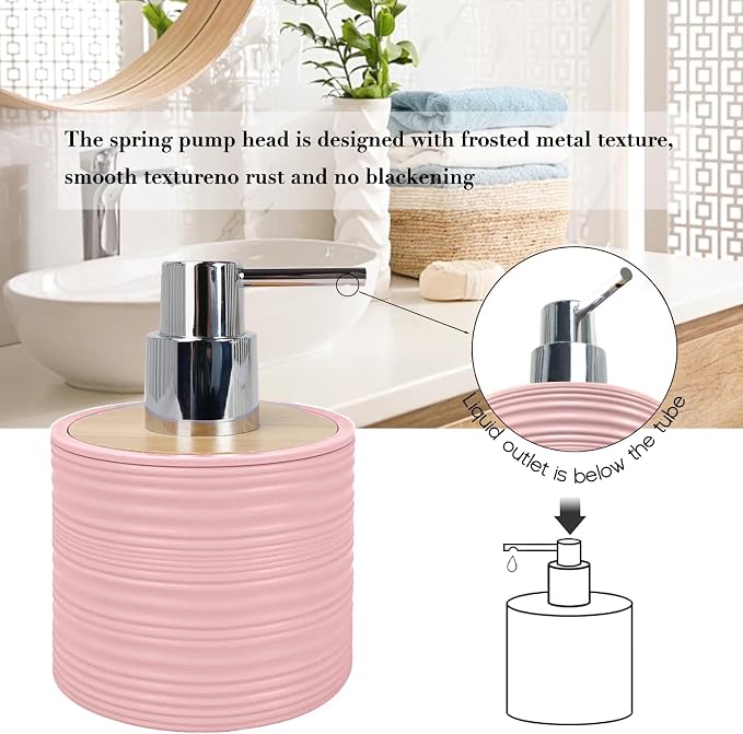 CERBIOR Bathroom Accessories Set 6 Piece Bamboo Bath Ensemble Includes Soap Dispenser, Toothbrush Holder, Toothbrush Cup, Soap Dish for Decorative Countertop and Housewarming Gift, Sriral Pink