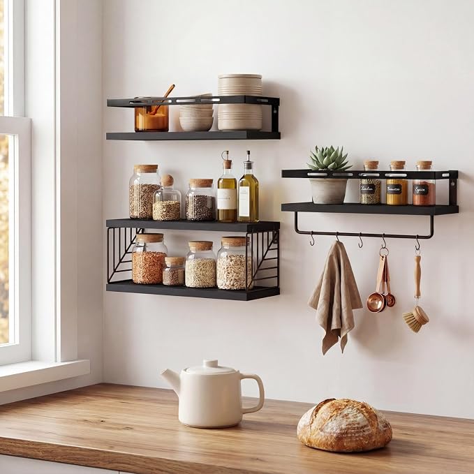 Fixwal Wall Mounted Bathroom Shelves Over Toilet, Rustic Wood Floating Shelves with Metal Frame and Towel Bar for Bathroom, Kitchen, Bedroom, Living Room (3 Plus 1 Black)