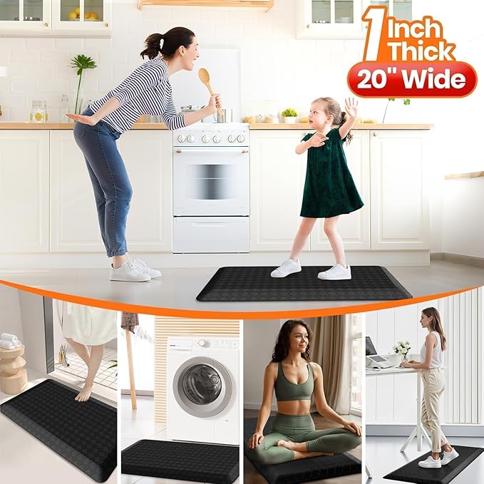 StepRite 1” Thick Kitchen Mats for Floor, Anti Fatigue Kitchen Rugs, Non-Slip,Heavy Duty Water Resistant Kitchen Rug, Standing Desk Mat for Friends, Family, Home, Kitchen, Office(39" x 20",Black)