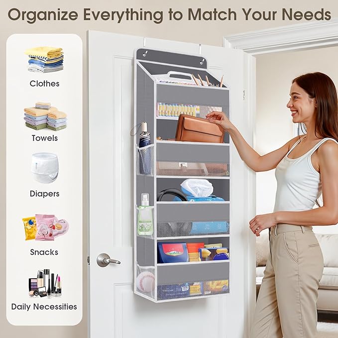 SpaceHacks 1 Pack Over The Door Organizer, Hanging Storage Organizer with Clear Window, 40lb Ultra Sturdy Large Capacity Room Organizer for Pantry Laundry Bathroom Nursery Closet Baby Essential (Grey)