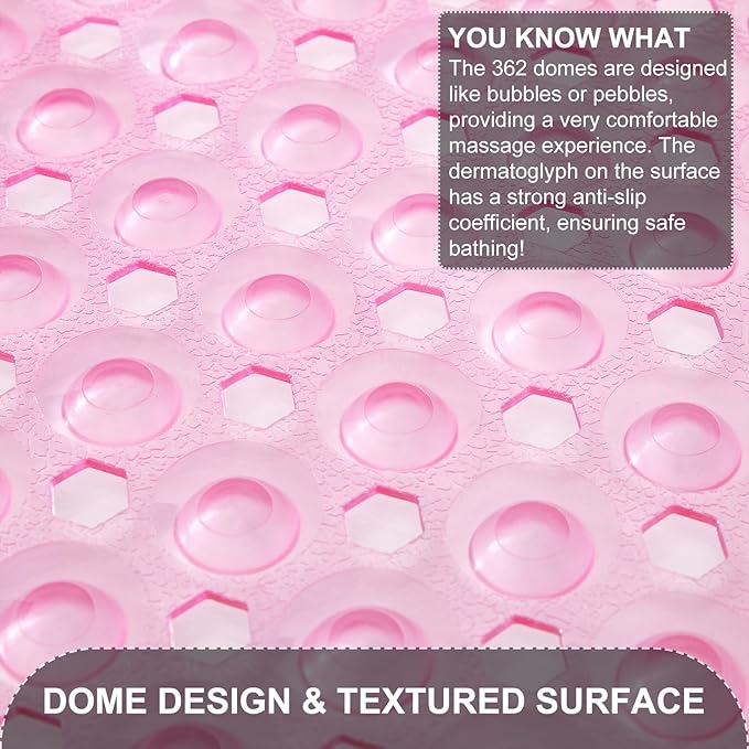 TEESHLY Bath Tub and Shower Mats, Non Slip 40 x 16 Inch Extra Large Bathtub Mat, Machine Washable Bathmat with Drain Holes, Suction Cups for Bathroom Floor, Clear Pink