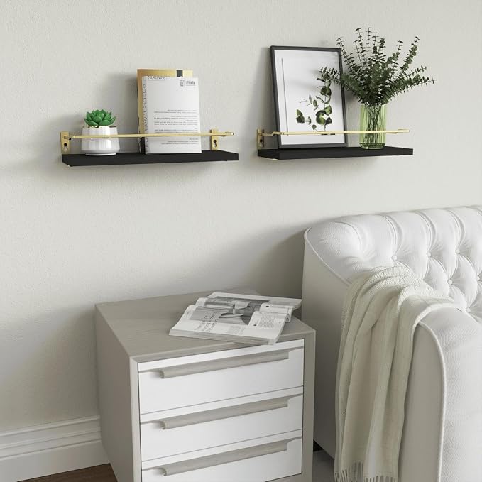 RICHER HOUSE Bathroom Floating Wall Shelf Set of 2 - Guard-Rail Small Wood Shelves for Decor, Over Toilet Storage, Kitchen Organizer - Black Gold