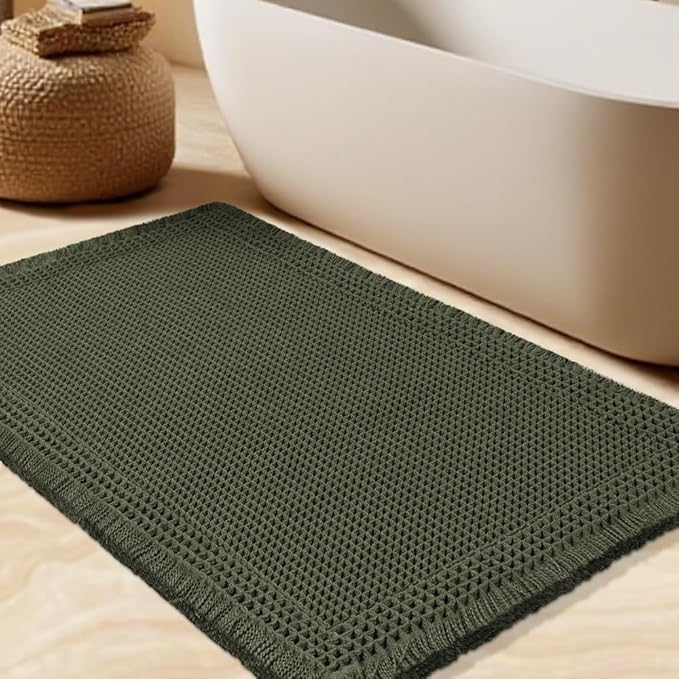 Waffle Bath Mat, Boho Woven Modern Bath Rug Absorbent Non Slip, Ultra Soft Bathroom Mats, Machine Washable Knit Bath Rugs with Border for Bathroom, Bedroom, Kitchen, Shower, Tub, 36"x24", Dark Green