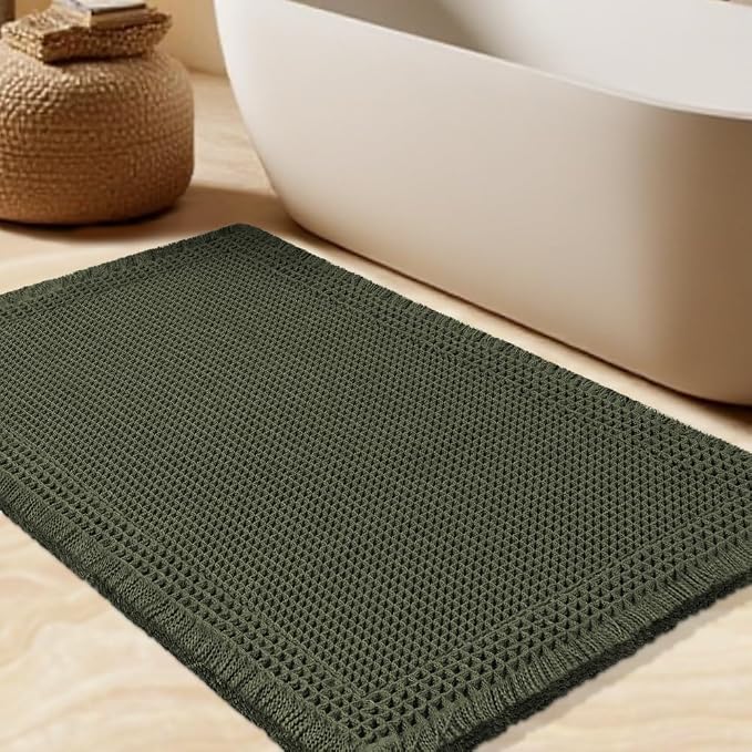 Waffle Bath Mat, Boho Woven Modern Bath Rug Absorbent Non Slip, Ultra Soft Bathroom Mats, Machine Washable Knit Bath Rugs with Border for Bathroom, Bedroom, Kitchen, Shower, Tub, 32"x20", Dark Green