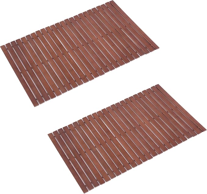 Bath Mat Bathroom Rugs Floor Wood Shower Bathtub Waterproof Non Slip Walnut Accessories 16x24 Inch Easy to Clean, 2 pcs