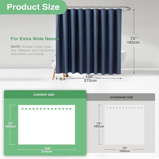 Dynamene Extra Wide Shower Curtain-108 Inch Wide Waffle Weave Weighted Thick Cloth Bathroom Shower Curtain, Neutral Heavy Duty Hotel Bath Curtain Set with 18 Plastic Hooks,108x72, Navy Blue