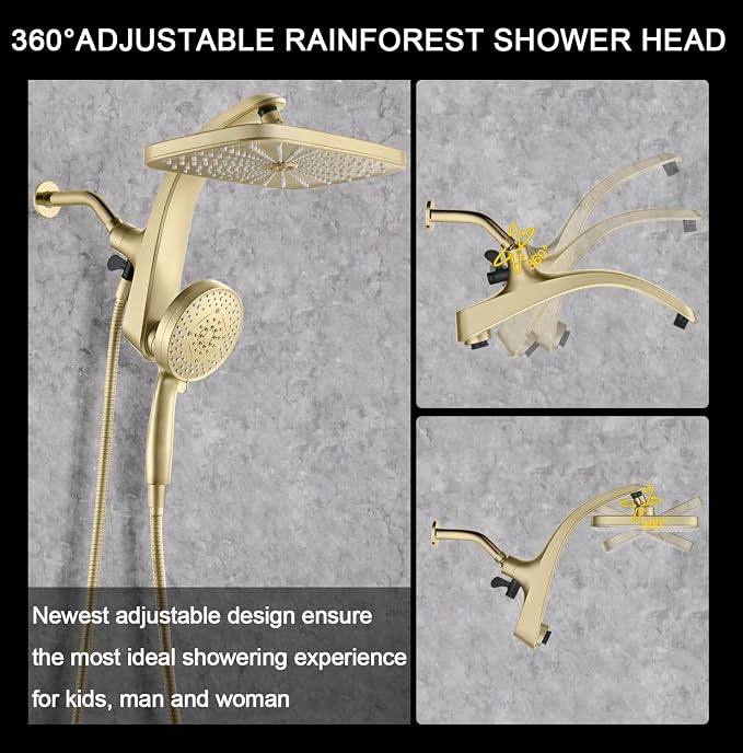 BOZYBO Rain Shower Head with Handheld: High Pressure Shower Heads with Handheld Spray Combo, 12" Rainfall Shower Head and 9 Sprays Hand Showerheads with Magnetic Docking and Power Jets, Desert Gold