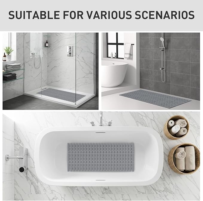 XIYUNTE Rubber Bath Mat for Tub Non Slip, 36 x 16 inches Bathtub Mat Non Slip Shower Mats for Inside Shower, Safety Anti Slip Shower Mat with Suction Cups, Easy to Cut Bath Tub Mat, Ink Gray