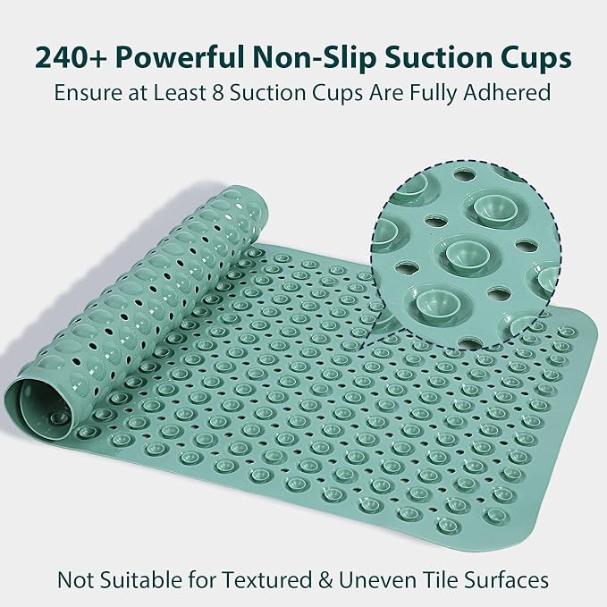 Large Shower Mat 21.5x33.5 Inch Mars Green, Soft Non Slip Shower Mats for Inside Shower with Big Suction Cups Drain Holes, Extra Large Bath Bathtub Mat Floor Stall Mats, BPA-Free, Easy Clean