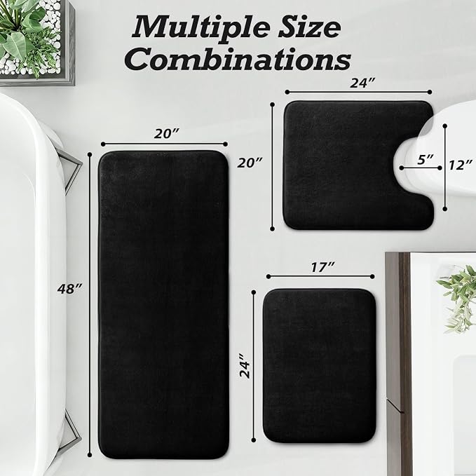 HUXMEYSON Bathroom Rugs Sets 3 Piece, Non-Slip & Quick Dry Bath Mat Set, Ultra Soft Velvet Bath Rugs for Bathroom, Toilet and Shower Floor, Black