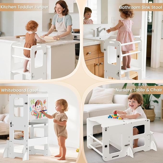 Woodure 4-in-1 Toddler Kitchen Step Stool, Learning Standing Tower with Whiteboard, Wooden Kitchen Stool Helper for Kids, 1-3 Year Old Boy Girl Gifts-White