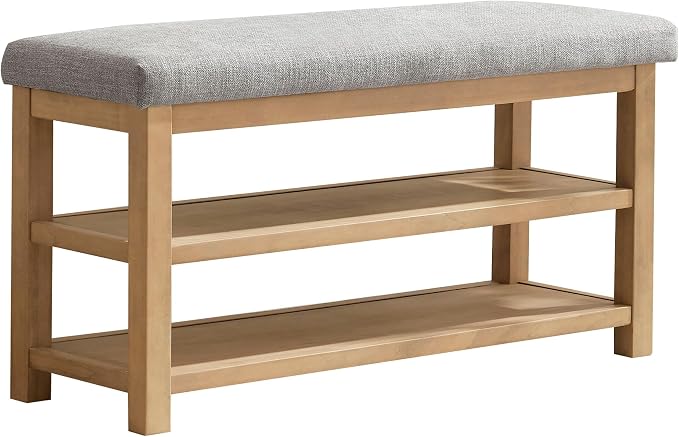 Zihanhome 2 Tier Shoe Rack Bench with Cushion, Solid Wood Shoe Benches, Mid-Century Modern Shoe Storage Bench for Entryway, Hallway, Living Room, Closet, Front Door Entrance, (Grey, 39.4")