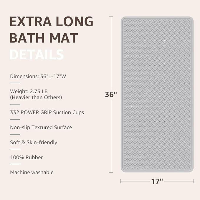 OTHWAY Bathtub Mat Non Slip, Extra Long Rubber Bath Mat for Tub, Machine Washable Shower Anti Slip Mat with 332 Strong Suction Cups (A Little Grey, 36" x 17")