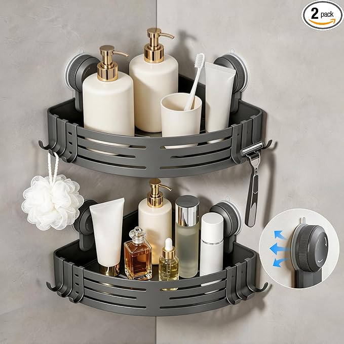 Lekesky Corner Shower Caddy Suction Cups, No Drilling Bathroom Shower Shelf | Aluminum, Rustproof, Suction Cup Can Remove and Reposition, Can hold up to 22 pounds, Also Can hold large shampoo bottles