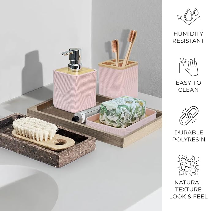 CERBIOR Bathroom Accessories Set 6 Piece Bamboo Bath Ensemble Includes Soap Dispenser, Toothbrush Holder, Toothbrush Cup, Soap Dish for Decorative Countertop and Housewarming Gift (Pink)